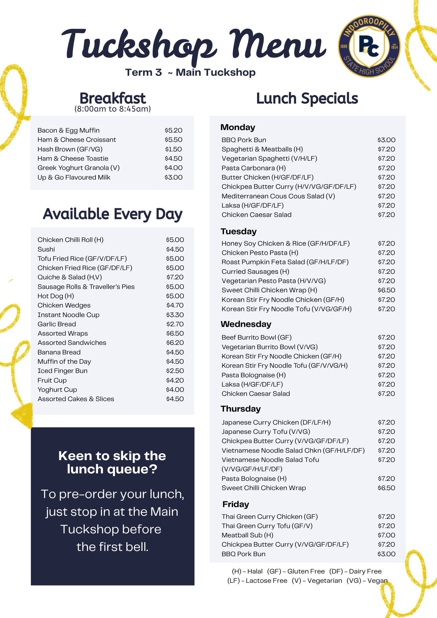 Term 3, 2026 - Main Tuckshop Menu